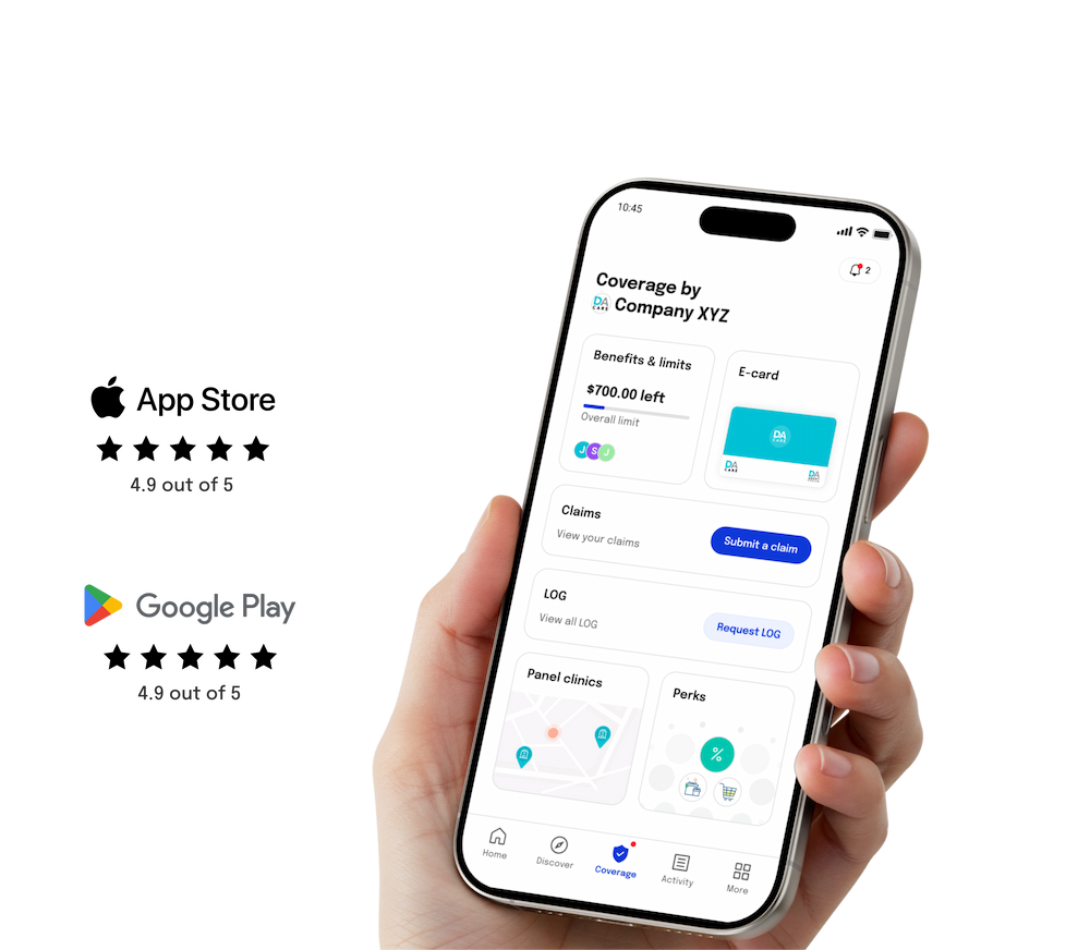 Hand holding a phone displaying the DA app coverage screen, showing benefits balance, e-card, claims, clinic network, and perks, alongside App Store and Google Play ratings of 4.9 out of 5.